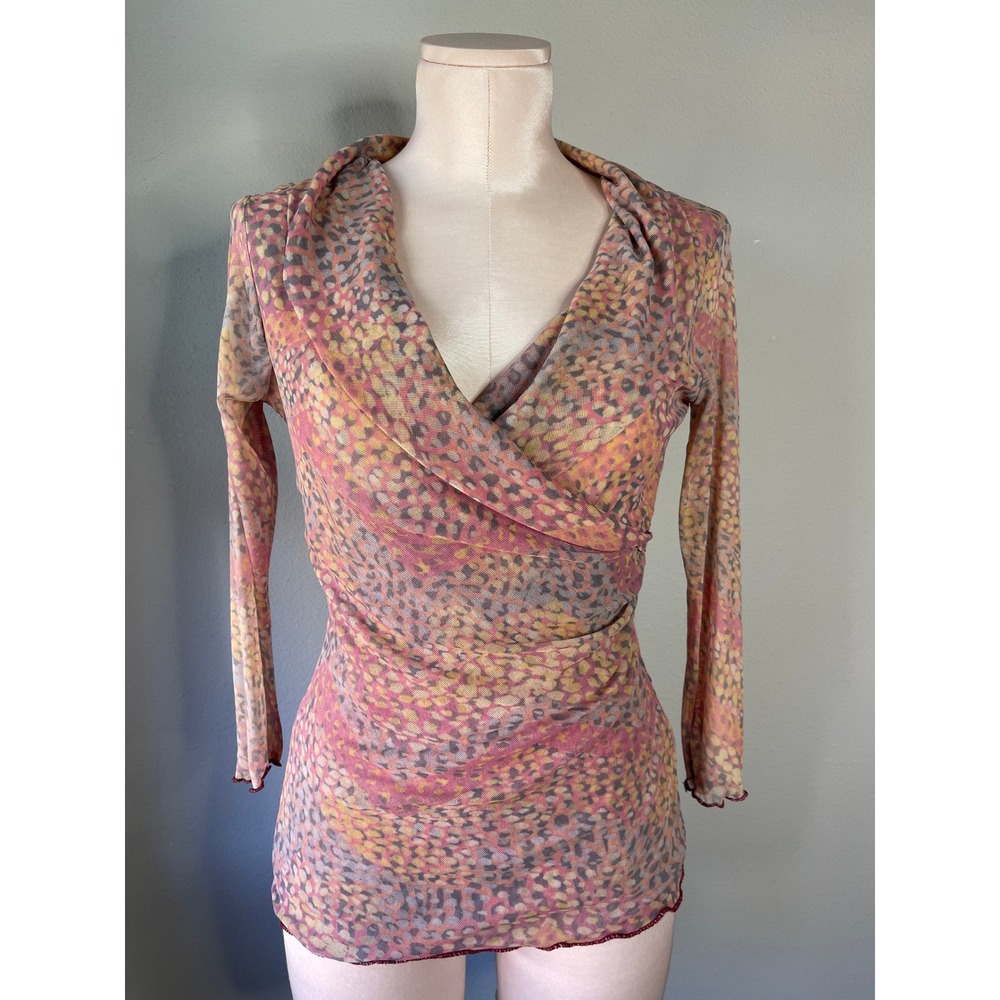 Vintage Y2K Mesh Top Pink Orange Cheetah Print Ruched Lettuce Edge Blouse Medium